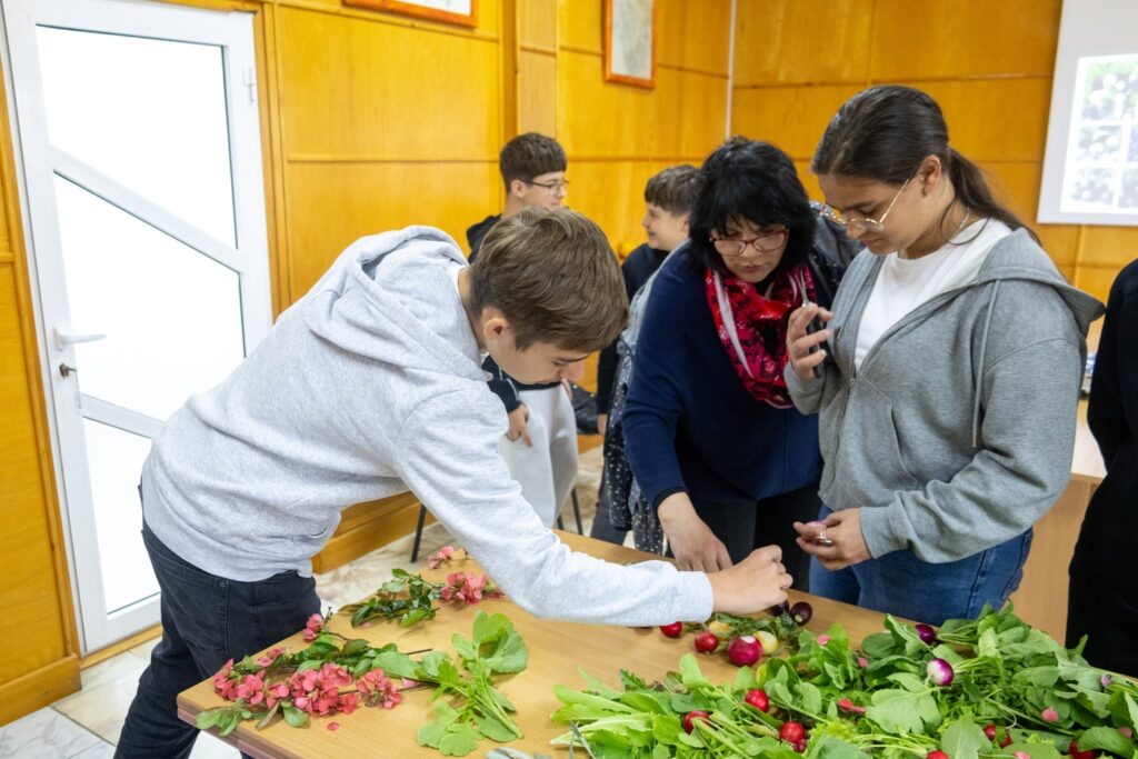 Mâini mici compun un tablou din frunze, flori și legume proaspete